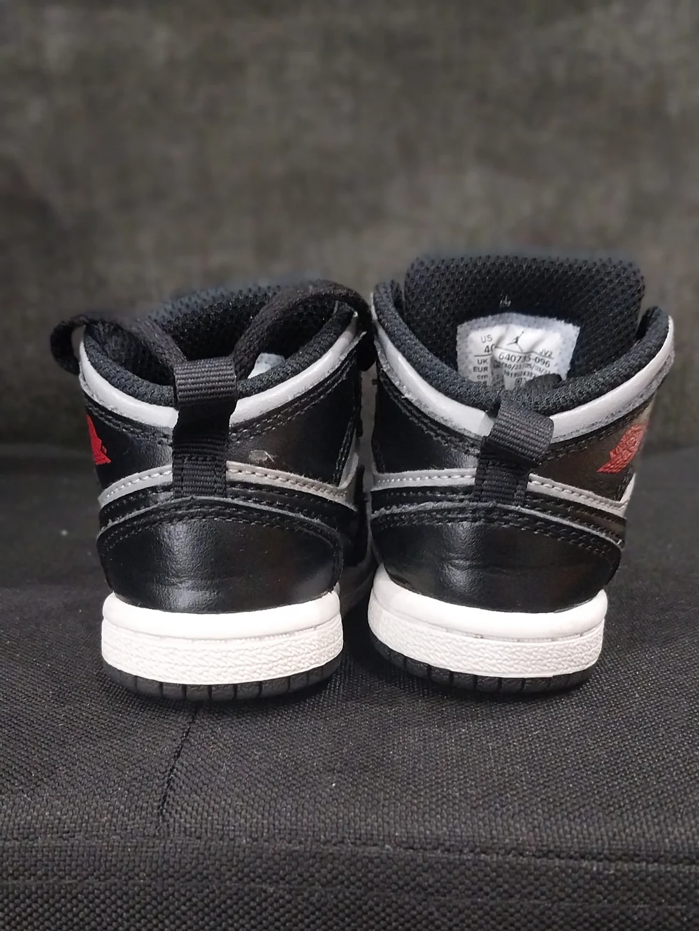 Nike Jordan 1 Black, Gray and White Mid Sneakers with Red Accent 4c